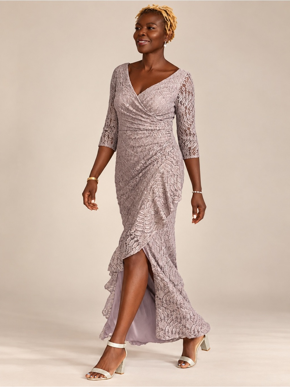 Oleg Cassini Glitter Lace Ruffle Sheath Gown 16W Lavender Mother Bride
